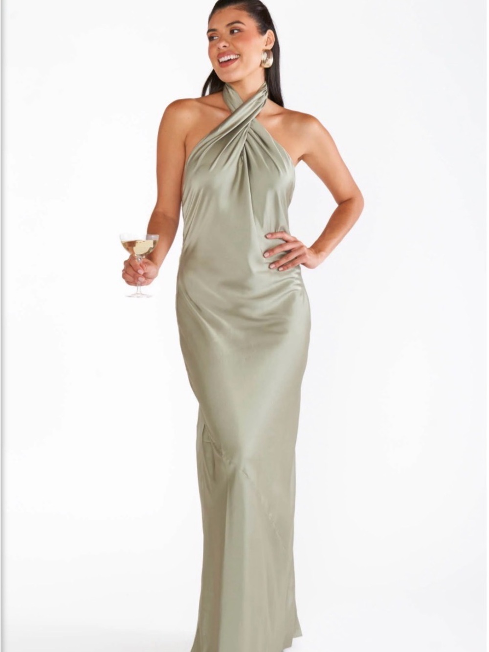 Show Me Your MuMu Olive Green Satin Halter Maxi Dress